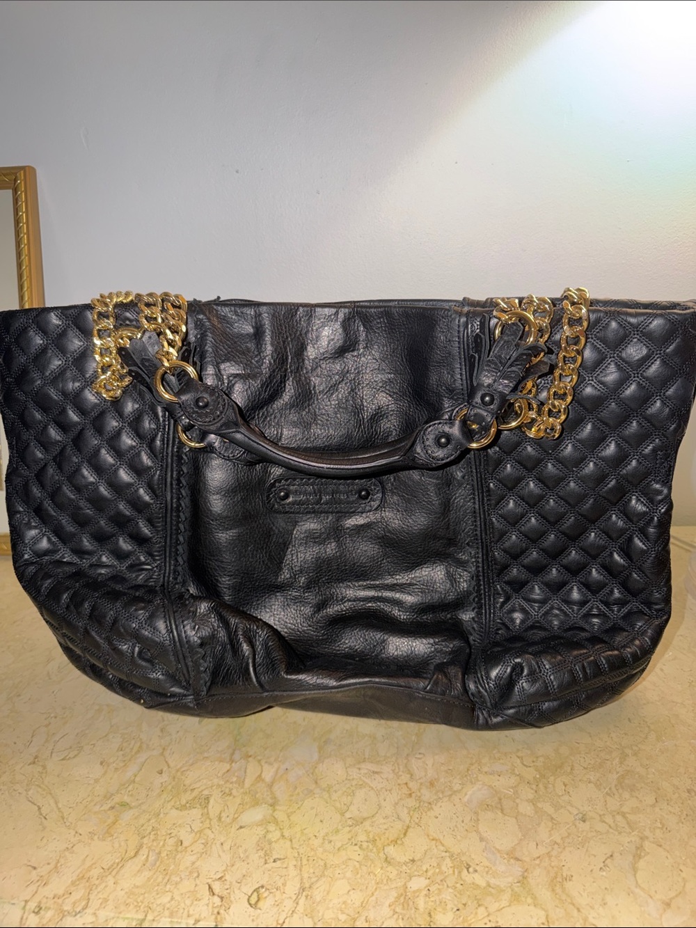 Juicy Couture Black Quilted Leather Tote with Gold Chain Handles